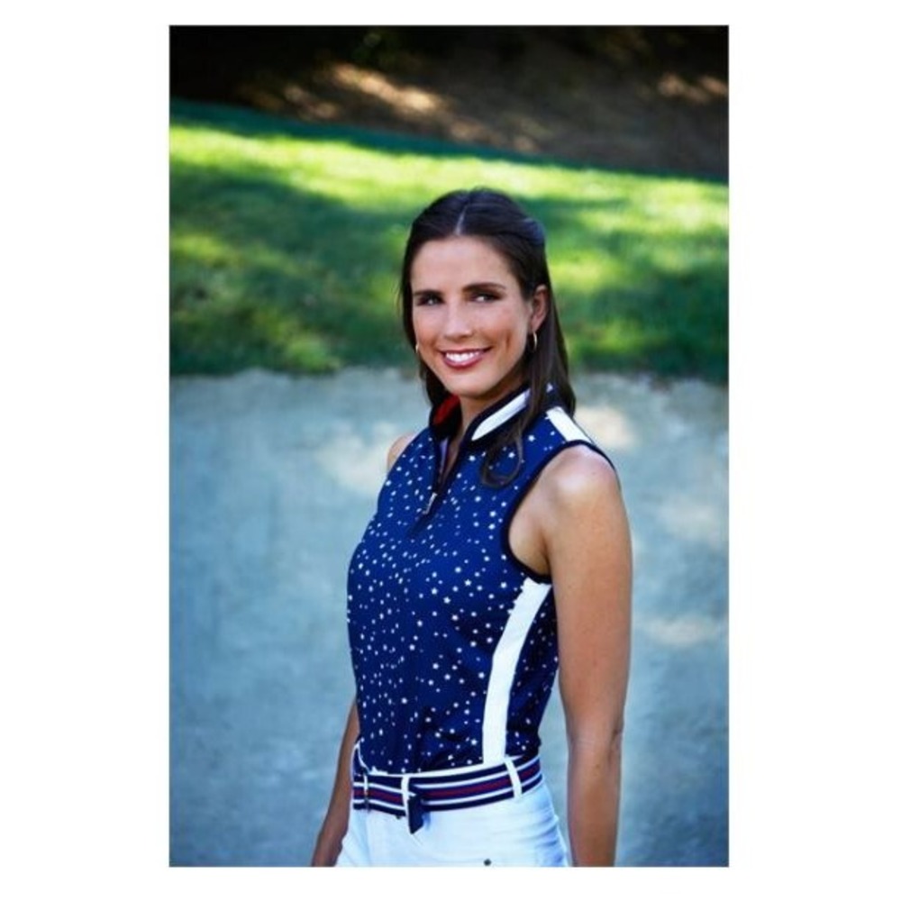 Lohla Sport Tara Star Print Polo Shirt Womens XXS Navy Blue Zip Sleeveless Top